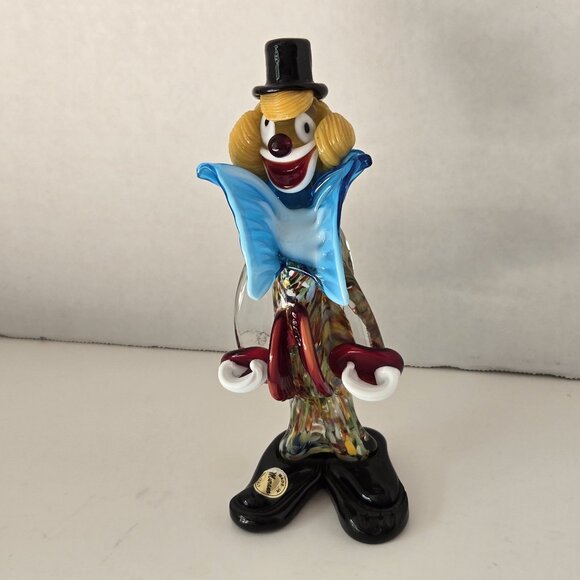 Murano Art Glass Clown Figurine 8” Hand Blown Italy Multicolor Blue Bow Hat - Picture 1 of 7